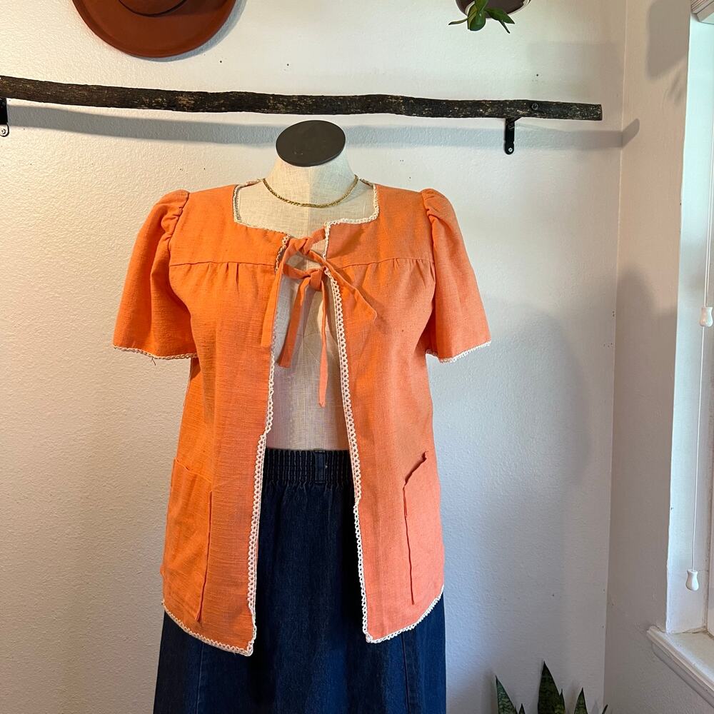 Handmade Orange Textured Two Bow Tie Puffed Short Sleeve Blouse Size Medium
